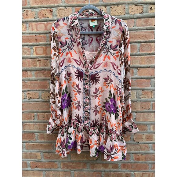 FARM Rio Dresses & Skirts - Farm Rio Cream Winter Garden Mini Dress Floral Belted Long Sleeve XS NWOT